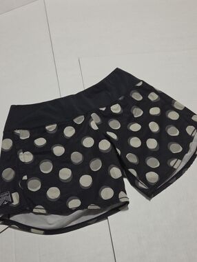 oiselle Black Shorts with Cream Dot Print and Branded Patch